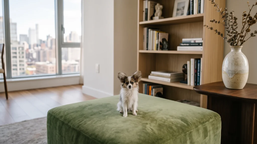 Papillon_puppy_sitting_on_ottoman
