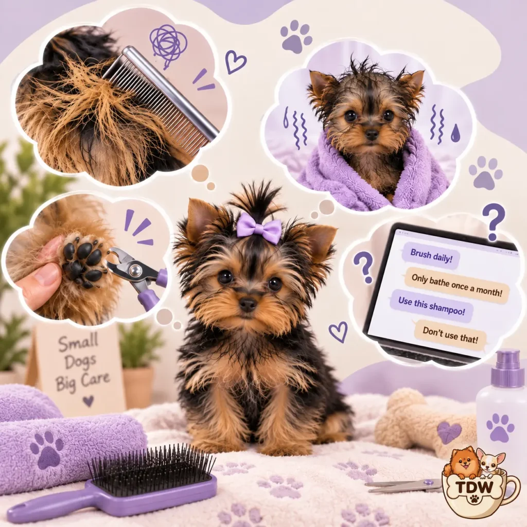 Tiny-Yorkie-puppy-surrounded-by-common-grooming-concerns-and-grooming-tools