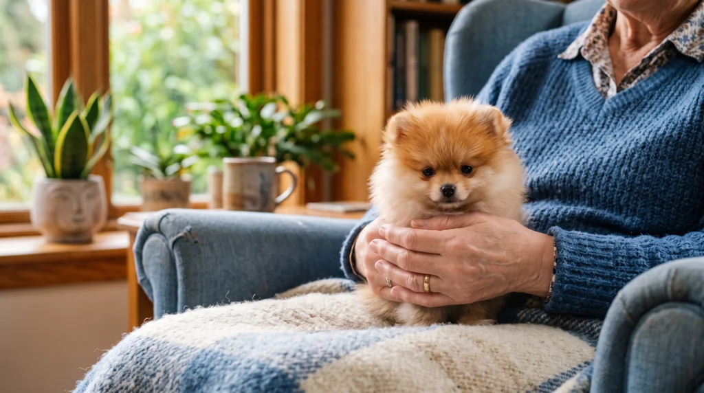 Woman_cradling_tiny_Pomeranian