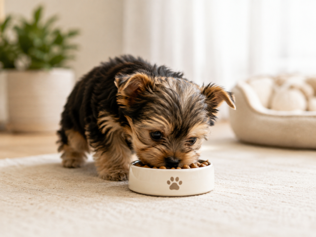 teacup-yorkie-puppy-eating-from-a-food-bowl