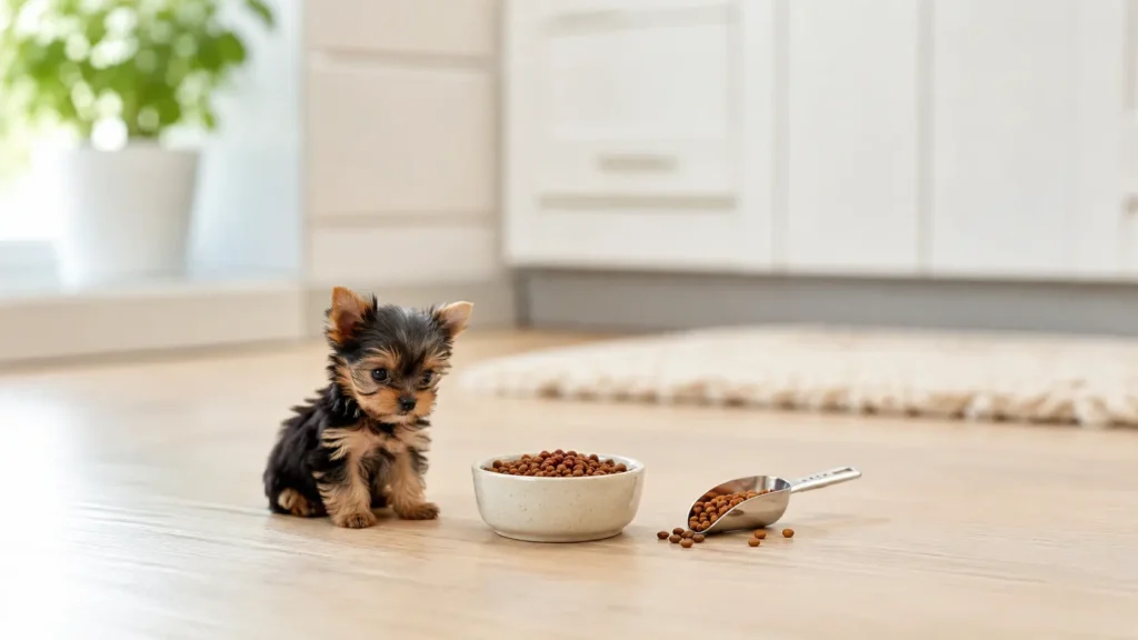 teacup-yorkie-with-dog-food-bowl