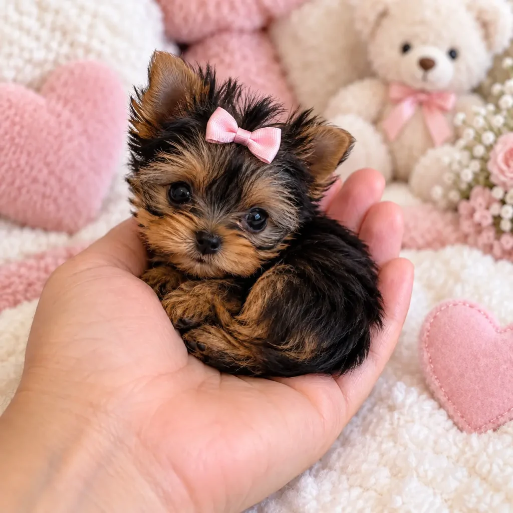 Small-Yorkshire-Terrier-puppy-held-in-a -person's-hand