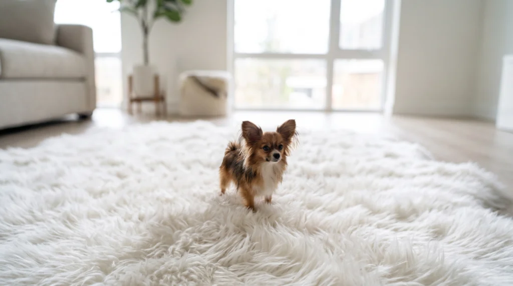 Papillon_dog_standing_on_rug