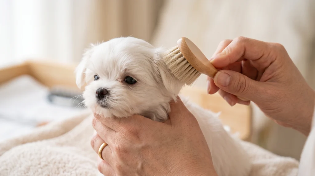 Person_grooming_maltese_dog